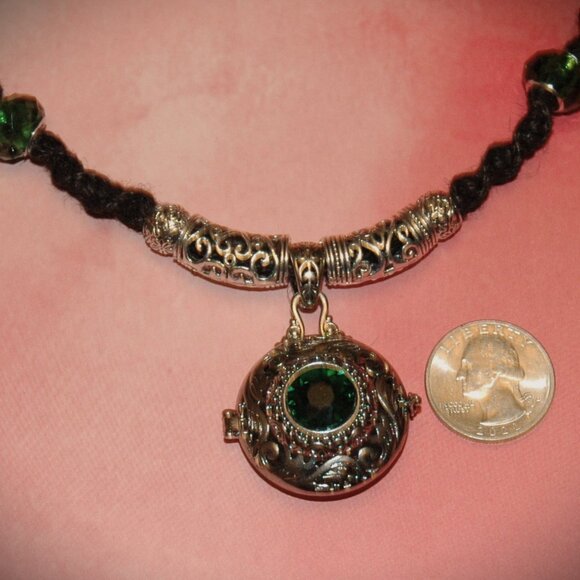 Antique Style Locket with a Green CZ Stone on 20 1/4" Black Handmade Hemp Chain - Picture 3 of 6